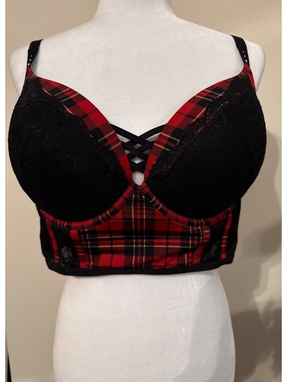 Torrid XO Plunge Push-Up Bra Noelle Plaid Lace Red Plus 40DD Whimsigoth NWOT